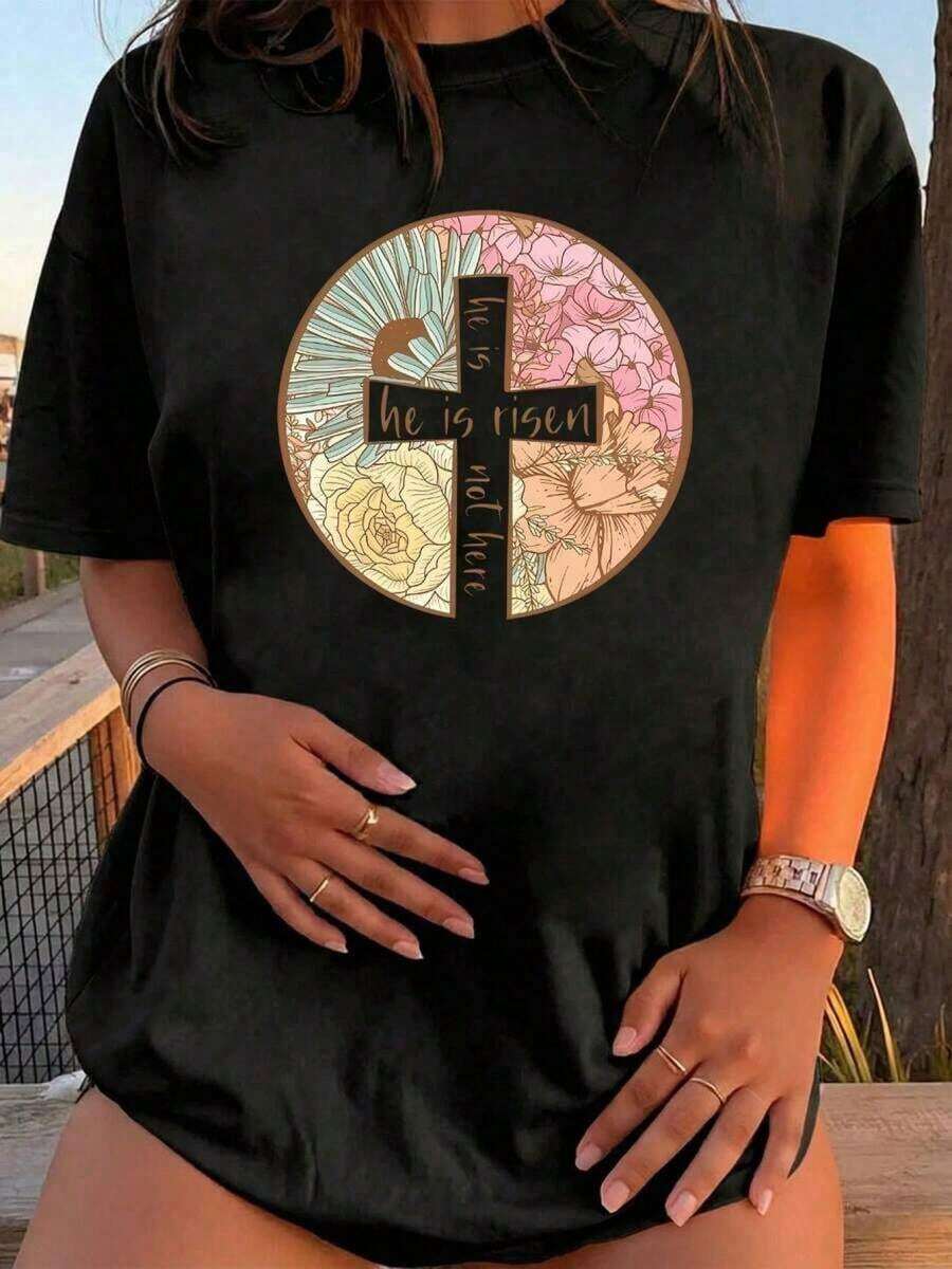 Y2K Style Summer Top, Soft 100% Pure Cotton T-Shirt, Cute And Fun, Comfortable, Short-Sleeved With A Print, Retro Religious And Artistic Design, Circular Floral Illustrations In Warm Tones Combined With The Cartoon Lettering Print "He Is Risen He Is Not Here" On The Cross. Suitable For Various Occasions, It Can Be Given As A Gift On Holidays, Birthdays, And Music Festivals. Casual, Versatile, And Comfortable, It's Suitable For Beach Vacations, Simple And Stylish, And Ideal For Women And Girls To Wear Every Day. SVOL - 黑色 - 查看 1