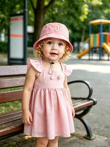 1pc Girls' Pink Letter Pattern Bucket Hat, 26 Letters Customizable, Fashionable Delicate Versatile Lightweight Sun-Shading Hat, Practical Gift For Kids, Suitable For Spring/Summer Outdoor Activities, For 1-4 Years Old Girls - Pink - View 3