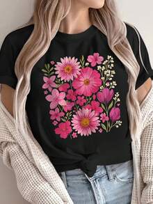 Women's Pink Floral Print T-Shirt Night Bloom - Casual Short-Sleeved Crew Neck T-Shirt With Pink Floral Print, Machine Washable, Suitable For Summer, Spring And Year-Round Wear, A Must-Have For A Simple Wardrobe - Unisex Vintage Urban Style T-Shirt, Made Of Cotton, Short-Sleeved And Crew Neck. - 黑色 - 查看 1