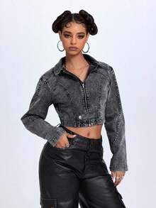 Chaqueta vaquera casual con cremallera de unicolor para mujer, versátil para uso diario - Negro - Ver 3