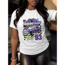 1 Piece Women's Cotton Graphic T-Shirt, Purple Car Print - Long Sleeve T-Shirt, Round Neck, Medium Elasticity, Christmas Slogan Print For Festive Use, Y2K Style, Men's T-Shirt, Summer Tops, 180g, 100% Cotton. - 白色 - 查看 8
