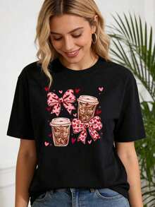 1 Piece Women's Pure Cotton T-Shirt With Coffee And Bow Print, New Design 2026 Print T-Shirt, Casual Round Neck T-Shirt For Spring And Summer, Women's Daily Wear T-Shirt, White/Black/Pink/Yellow/Green/Navy Blue, 180g 100% Cotton. - 黑色 - 查看 9