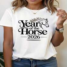Women's Plus Size T-Shirt With Year Of The Horse 2026 Graphic Print | Casual Crew Neck, Medium Stretch Fabric, Ideal For Spring/Summer, Versatile For Everyday Wear, Shopping, Parties And Commuting. - 藍色 - 查看 4