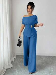 Elegante conjunto de dos piezas de moda urbana para mujer, adecuado para uso diario, bodas, galas, ir al trabajo, fiestas de graduación, vacaciones, citas, fiestas, Halloween, Navidad, Año Nuevo, Acción de Gracias.Pantalones anchos de cintura con hebilla metálica asimétrica de un hombro en color azul marino. - Azul lavado medio - Ver 5