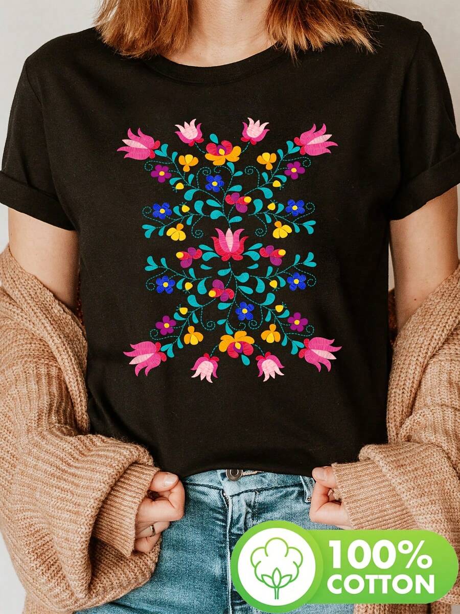 Women's T-Shirt - Mexican Floral Print With Polka Dots, Bohemian Spring Style, Casual Short Sleeve Round Neck Top For Summer And Spring, Women's Clothing, Going Out Tops - 黑色 - 查看 1