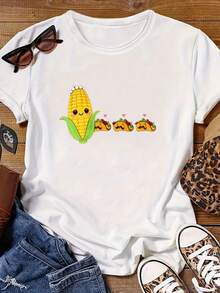 Women's T-Shirt With Corn And Taco Print, White, Round Neck And Short Sleeve, Suitable For All Seasons, Machine Washable, Ideal For Urban Combinations, Daily Wear, Casual Meetings, Women's Tops. - 白色 - 查看 3
