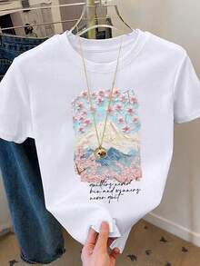 Fashion Printed T-Shirts For Women, Oversized Streetwear Tops, Comfortable And Stylish All-Match Summer Tees. Casual Summer T-Shirt For Women, Pink Cherry Blossom Print, Round Neck, Short Sleeve - 白色 - 查看 7