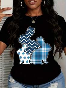 Camiseta de Mujer con Diseño de Familia de Conejos en Patrón Azul - Negro - Ver 2