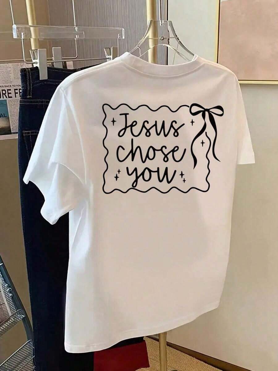 Summer Tops: Printed Short-Sleeved T-Shirt With Front And Back Designs – "Jesus Has Chosen You", Christian Theme – Printed Women's T-Shirt For Spring/Summer, Fashionable, Versatile And Casual Cotton T-Shirt - White - View 1
