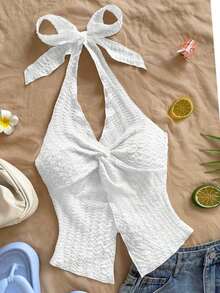 Camiseta sin tirantes sexy y con estilo, con nudo, bajo con abertura y espalda abierta - Blanco - Ver 6