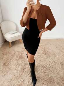 Blazer de moda casual y de negocios con frente abierto y plisado, de manga larga, para otoño/invierno - Marrón - Ver 6