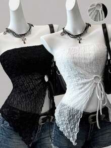 2 piezas Top de mujer con bajo asimétrico y borde de lechuga con cordón lateral, nueva llegada - Multicolor 3 - Ver 1