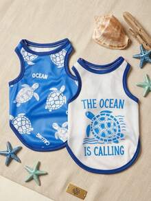 PETSIN 2pc Pet Cat Dog Universal Turtle Cartoon Print Summer Vacation Style Casual Comfortable Breathable Dog Vest - Multicolor - View 1