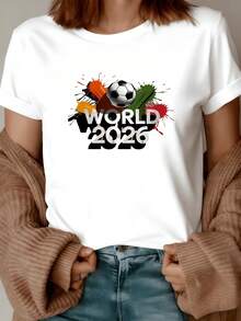 A Ball In The Center Surrounded By Orange, Red, And Green Lines Symbolizing Passion, Energy, And Unity, Celebrating The Global Spirit Of Football. 2026 Modern Casual Comfortable Women's T-Shirt - 白色 - 查看 1