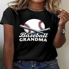 1 Piece, Classic And Versatile Pure Cotton Short-Sleeved T-Shirt, Ideal For Wearing In Any Season, With A Baseball Granny Design For Women, Modern Style - Black - View 2