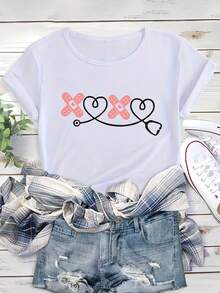Casual Sports Top With Round Neck And Valentine's Day Heart Graphic, Short Sleeve Workout T-Shirt, Women's Activewear - 白色 - 查看 1