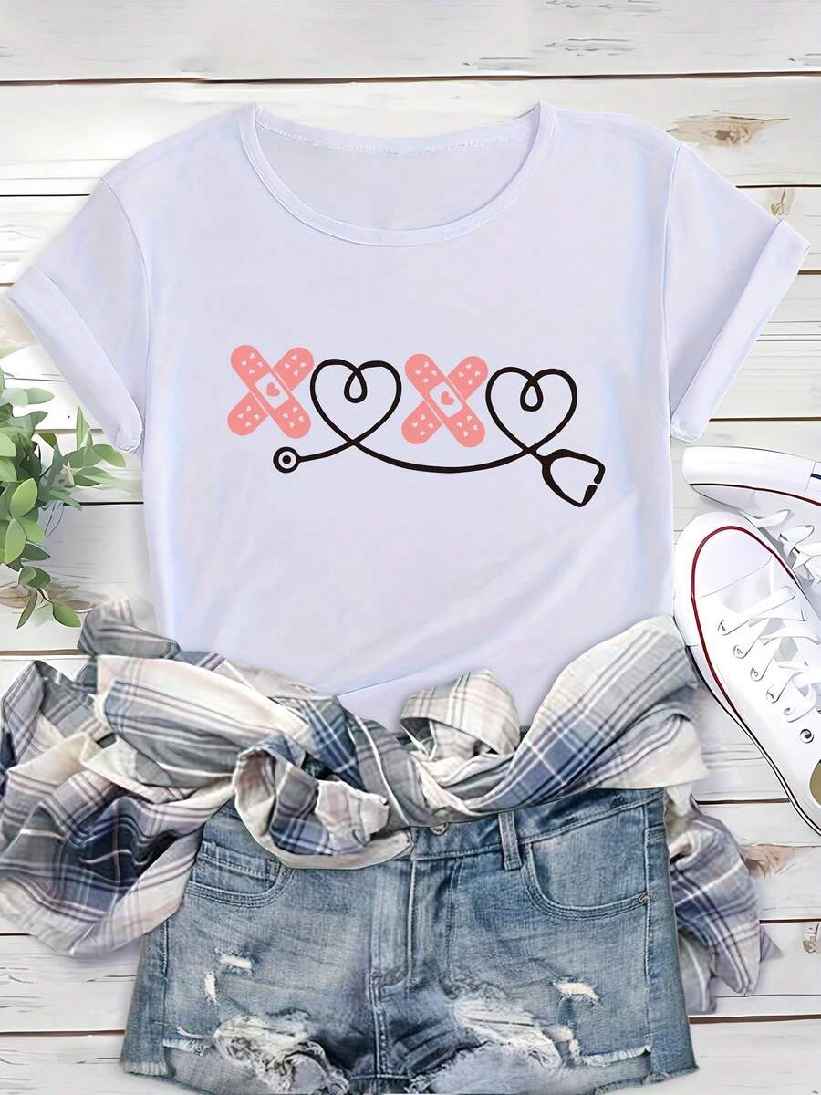 Casual Sports Top With Round Neck And Valentine's Day Heart Graphic, Short Sleeve Workout T-Shirt, Women's Activewear - 白色 - 查看 1