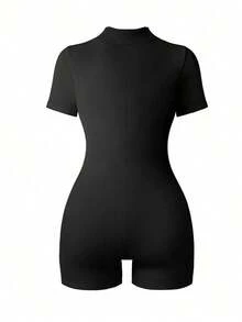 Mono casual de mujer con cremallera frontal, manga corta y cuello alto en unicolor - Negro 2 - Ver 3