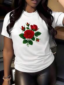 Women's Casual Short-Sleeve T-Shirt With Vibrant Graphic Print Of Red Roses And Green Leaves - Soft And Stretchy Fabric, Crew Neck, Not See-Through, All-Season Comfort, Machine Washable, Relaxed Fit T-Shirt For Casual Wear, Spring, Summer And Fall Top - Modern Style - 白色 - 查看 1