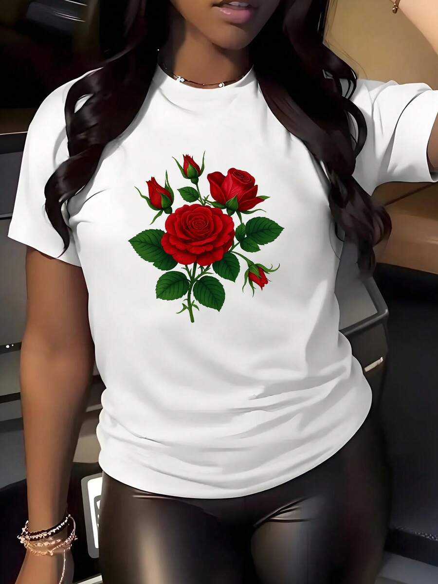 Women's Casual Short-Sleeve T-Shirt With Vibrant Graphic Print Of Red Roses And Green Leaves - Soft And Stretchy Fabric, Crew Neck, Not See-Through, All-Season Comfort, Machine Washable, Relaxed Fit T-Shirt For Casual Wear, Spring, Summer And Fall Top - Modern Style - 白色 - 查看 1