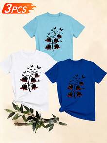Women's T-Shirts, Women's T-Shirts, Women's Casual One-Piece T-Shirt With Floral Butterfly Print, Comfortable And Breathable Short Sleeve Top. - 1件黑色隨機圖案 - 查看 6