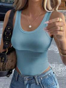 Mono de punto acanalado de unicolor minimalista para uso diario y casual de mujer, con cuello de pico ajustado y sin mangas - Celeste - Ver 6