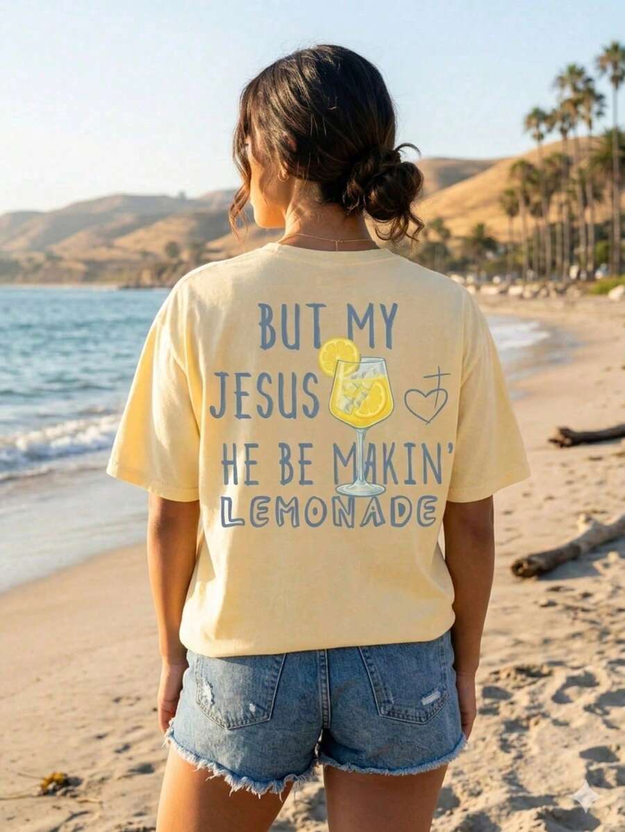 Camiseta de mujer con diseño de limonada y texto religioso, estilo boho casual, poliéster cómodo, ideal para salidas y looks relajados. - Albaricoque - Ver 1