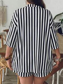 2 piezas Conjunto de talla grande Chaqueta de manga corta con estampado de leopardo, casual y de moda para uso diario - Blanco y Negro - Ver 2