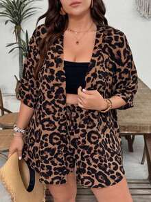 2 piezas Conjunto de talla grande Chaqueta de manga corta con estampado de leopardo, casual y de moda para uso diario - Marrón - Ver 7