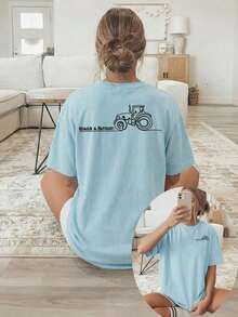 Summer Tops[Double-Sided Print] Women's T-Shirt, Short-Sleeved Round-Neck Casual Top, Featuring A Tractor Graphic With The Text "Thank A Farmer." Mach - 藍色 - 查看 11