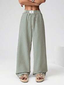 Pantalones casuales de pierna ancha de rayas marrones tejidos para mujeres - Verde - Ver 6
