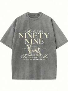 Women's & Men's Printed T-Shirt "He Left A 99" For Men And Women, 1 Piece, 230g, High Quality Washed Cotton With Wax Print, Retro Style, Fashion Brand, With A Suitable Thickness For Summer T-Shirts, Party Gifts - 深灰色 - 查看 1
