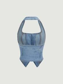 Top en mezclilla con botón delantero de cuello halter - Lavado ligero - Ver 2