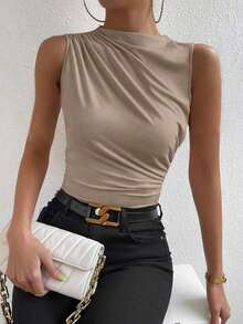 Blusa casual versátil con cuello alto y plisados para mujer - Caqui - Ver 8
