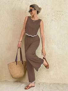 Conjunto de 2 piezas de top de tirantes y pantalones de moda casual de vacaciones para mujer - Caqui - Ver 7