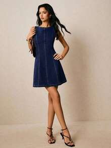 Vestido de mezclilla sin mangas con cuello redondo, espalda descubierta y atar atrás, para mujer en verano - Azul lavado oscuro - Ver 4