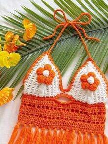 Top de punto con cuello de halter, bajo con flecos y cuentas para mujer, adecuada para vacaciones, citas, té de la tarde, playa, crucero, viaje a la ciudad, temporada de bodas, festival de música, vacaciones bohemias - Multicolor - Ver 5