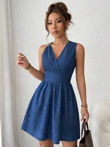 Vestido elegante de cuello en V, cintura ajustada y sin mangas, para verano - Azul lavado oscuro - Ver 3