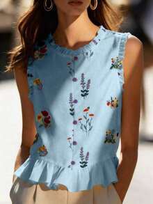 Nueva llegada de primavera/verano Blusa sin mangas con volantes de estampado floral francés dulce y único, elegante top de tirantes - Azul - Ver 6