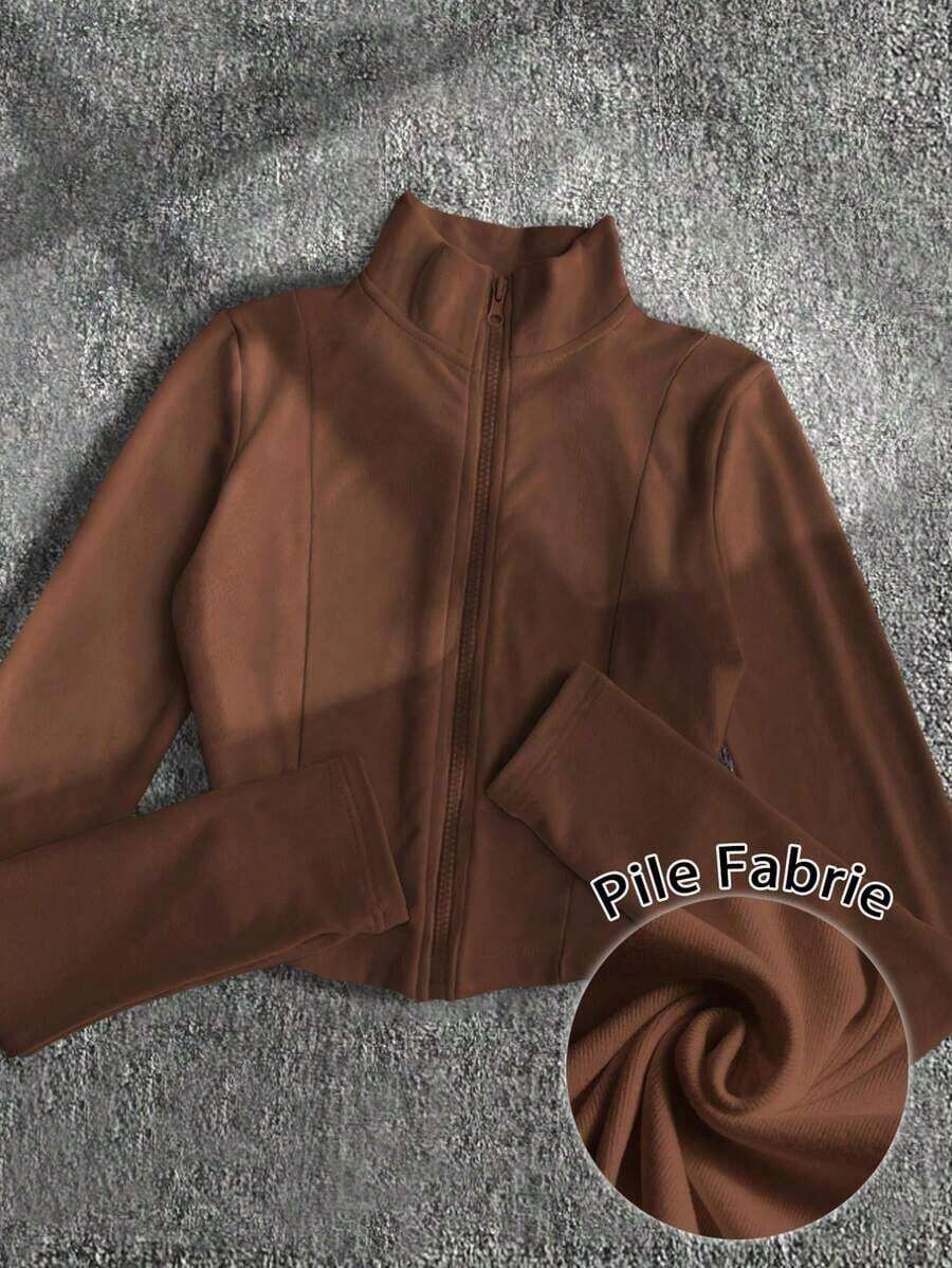 Chaqueta deportiva casual con cremallera en negro y blanco, de manga larga y ajustada, ropa exterior delgada para otoño - Marrón - Ver 1