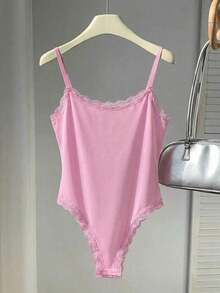 Body de encaje con parches, versátil para uso diario casual de mujer - Rosa - Ver 1