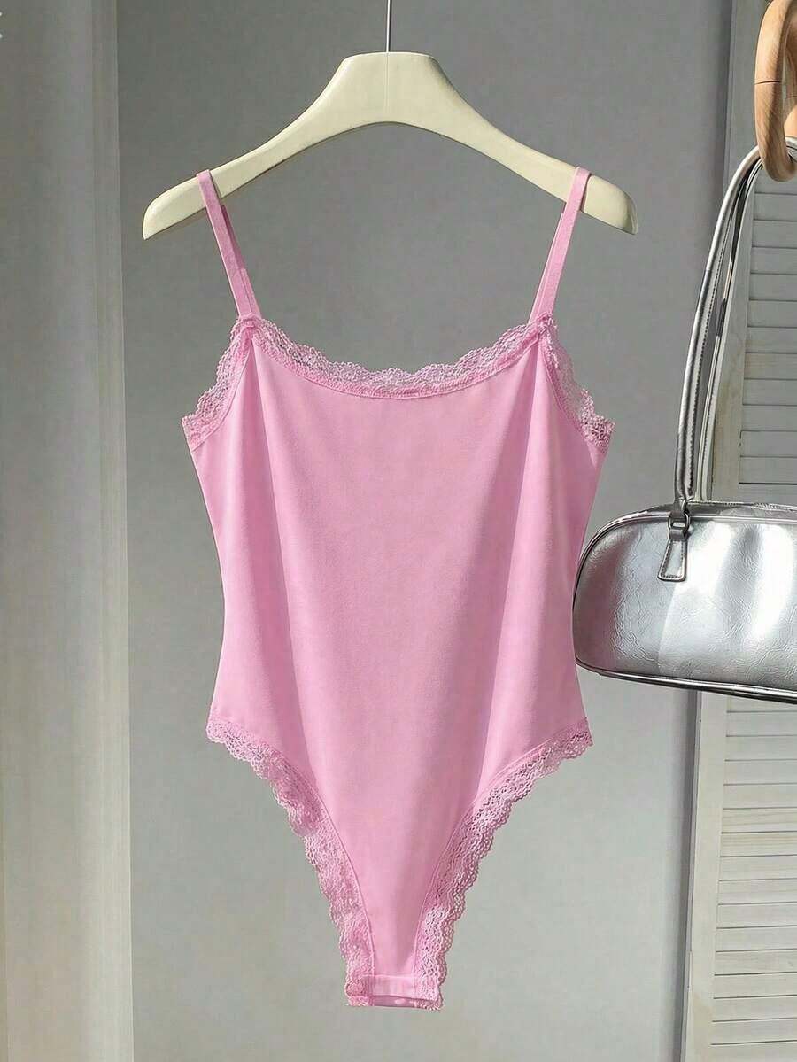 Body de encaje con parches, versátil para uso diario casual de mujer - Rosa - Ver 1