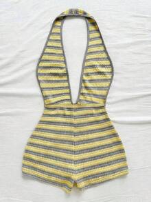 Body sexy de punto blanco con textura y patrón ondulado, escote en V profundo y espalda descubierta para mujer, elegante y ajustado, adecuado para fiestas, citas, té de la tarde, vacaciones boho, playa, atuendo de verano. - Amarillo - Ver 2