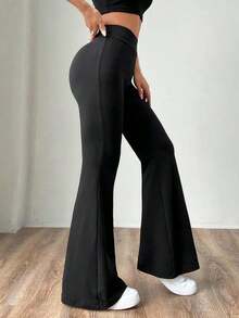 Pantalones de mujer negros tejidos ajustados y acampanados, de moda y versátiles - Negro - Ver 4