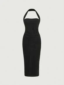 estido ajustado con cuello halter recogido y espalda descubierta - Negro - Ver 10