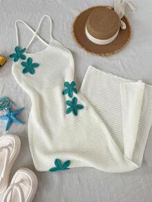 Vestido de suéter blanco para mujer, estilo sexy de vacaciones en la playa con vestido largo de flores azules, verano - Blanco - Ver 5