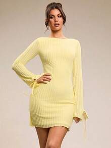 Vestido de textura amarillo claro para fiesta, escuela, vacaciones, cumpleaños, salida nocturna, verano, primavera, San Valentín, carnaval, vacaciones en la playa, Nashville, vestidos pastel, vestido sin espalda - Amarillo - Ver 5