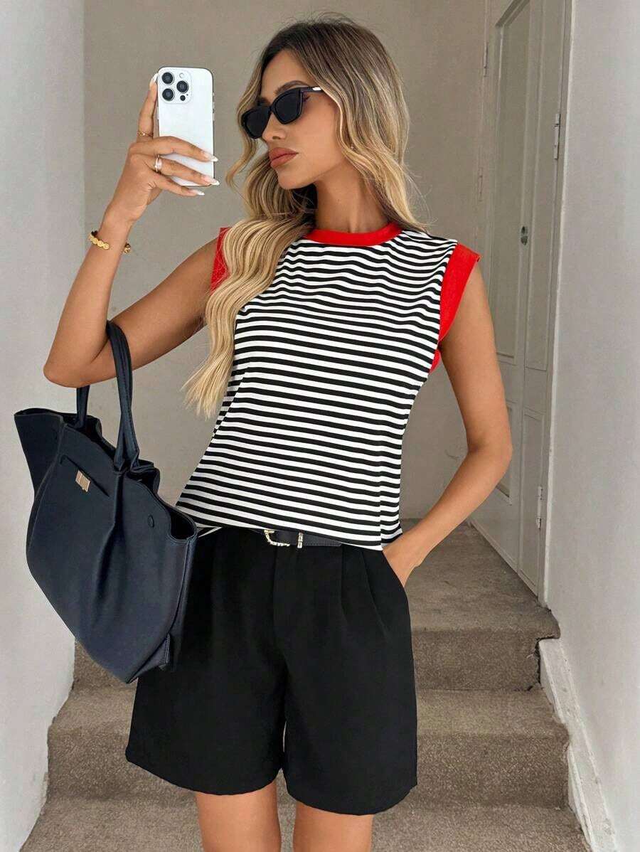Camiseta casual de mujer con bloques de color y rayas, de verano - Multicolor 2 - Ver 1