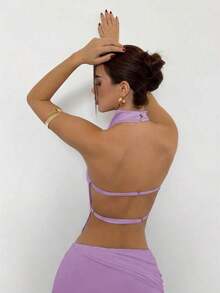 Top de satén sin espalda con cuello alto para mujer, ideal para fiestas - Lila Púrpura - Ver 6