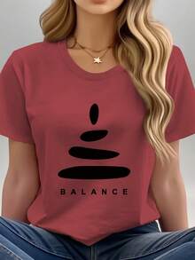 [Camiseta de mujer] Camiseta de manga corta para mujer 100% moda, con estampado de óvalos horizontales en degradé y la palabra "BALANCE", elegante, cómoda, suave y transpirable - [Blanco] - Ver 8